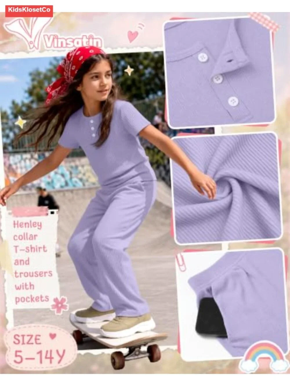 Girls 2 Piece Cotton Outfit Set Short Sleeve Henley Top Pants Ribbed Casual